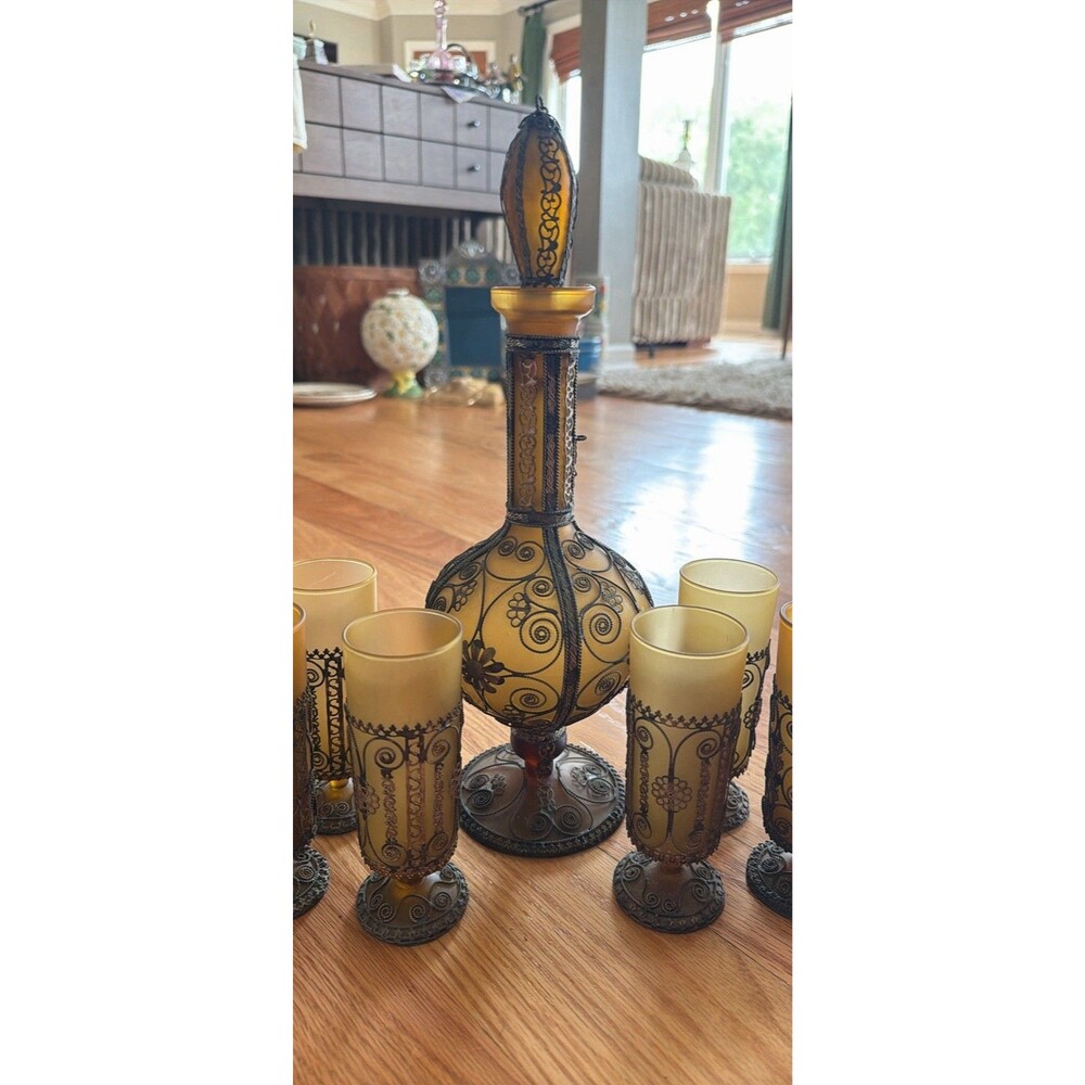 1973 Crete Amber & Green Glass/Metal Decanter Set, Floral Filigree, Stopper